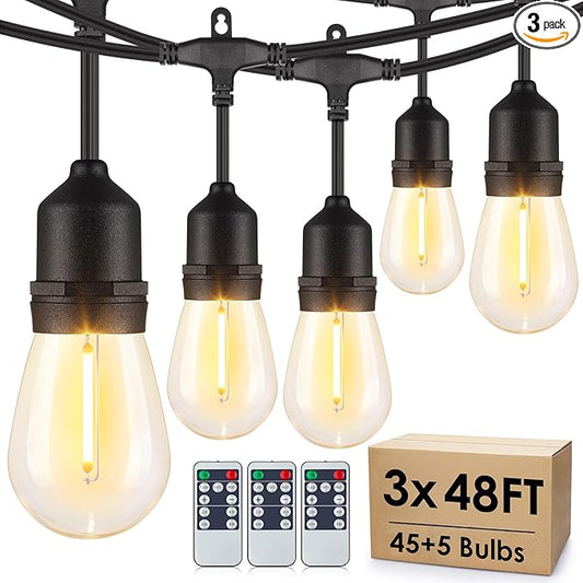 144FT(3 * 48FT) Outdoor String Lights with Remote, Dimmable Patio Lights with 45+5 LED Bulbs 3 Modes 4 Timers for Bistro Cafe, Black 3 Pack