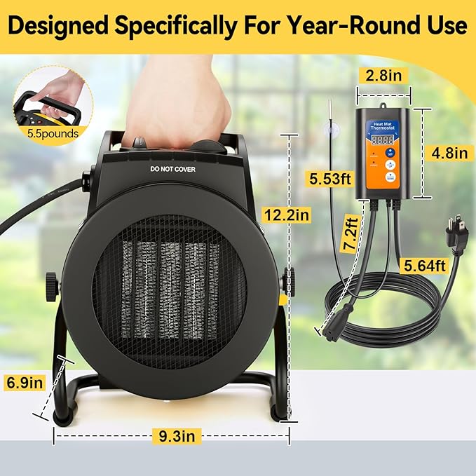 Greenhouse Heater with Thermostat, Outdoor Heaters for Patio, 3 Modes for PTC Ceramic Fast Heating, Overheat Protection, IPX4 Waterproof for Greenhouse, Grow Tents, Patio, Yellow