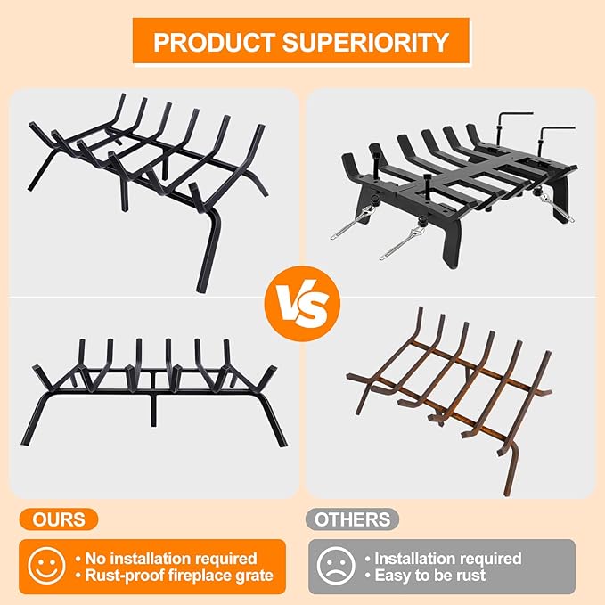 Fireplace Grate,Fireplace Log Holder,24 inch Heavy Duty Solid Cast Iron FIrewood Log Burning Rack for Inside The Fireplace Accessories Outood Fire Pit Kindling Fireplace Tools
