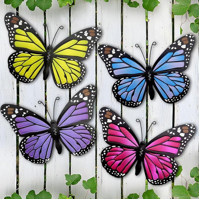 Metal Butterfly Outdoor Decor - 4 Pack 9.8in Butterflies Wall Sculpture Hanging Decor for Outside Home Yard Patio Fence Garden Decorations