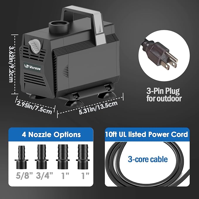 Submersible Water Pump 880GPH/45W Fountain Pumps with Flow Control, Pond Pump Submersible Outdoor with 10ft 3-Core Power cable for Hydroponics, Aquarium, Waterfall, Statuary, Water feature