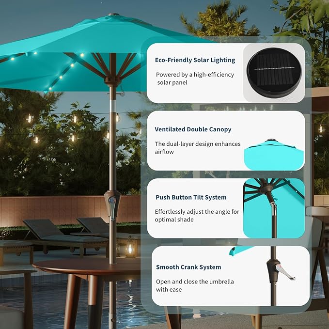 10FT Solar Umbrella 32 LED Lighted Patio Umbrella Table Market Umbrella w/Tilt and Crank, UV-Resistant Outdoor Umbrella for Pool, Garden, Deck, Aqua Blue