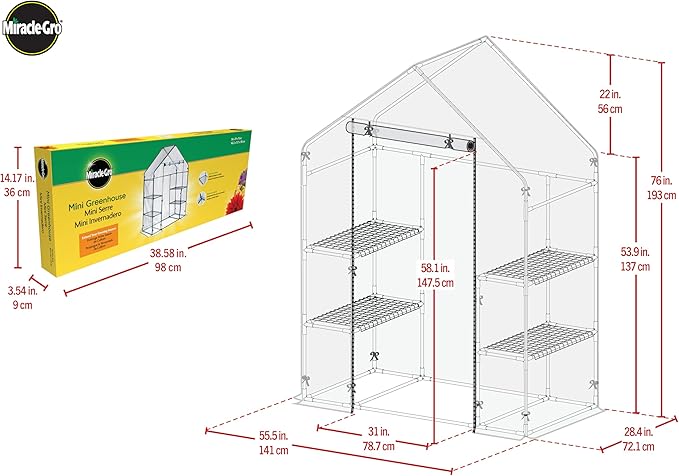 Miracle-GRO 4'8" x 29" x 6'5" Outdoor Mini Walk-in Greenhouse Plant Tent, All-Season Small Walk-in Plant Growth Accelerator with 4 Wire Shelves, Clear