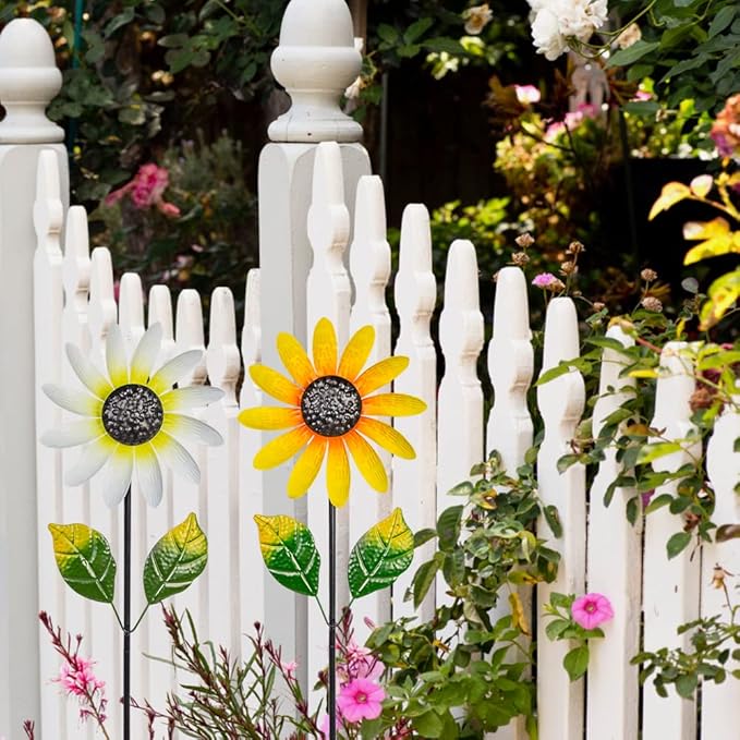 2Pack Garden Wind Spinners,Metal Wind Sculptures Outdoor Windmill Flower Pinwheel Decorations for Yard Lawn Patio Decor(Yellow and White)