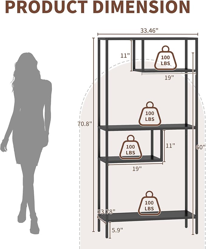 Metal Storage Shelving Unit, Decorative Geometric Bookcase, Modern Freestanding Display Shelves, Tall Book Shelf Unit for Living Room Bedroom Office, Easy Assembly