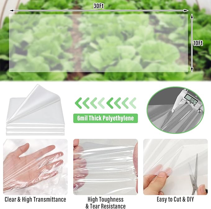 Legigo 10 X 30 Ft Clear Plastic Plant Covers Freeze Protection- 6 Mil Winter Greenhouse Plastic Sheeting for Frost Water Sun Wind Resistant, Plant Vegetable Blanket Covers for Cold Weather Garden Farm