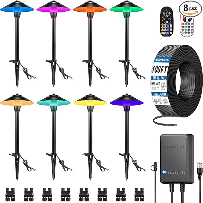 SUNVIE All-in-One RGBW Landscape Lighting Kit, 8 Pack Color Changing Low Voltage Landscape Lights with Connector Transformer 100FT Wire, 3W Multi-Color Pathway Lights for Holiday Walkway Garden Yard