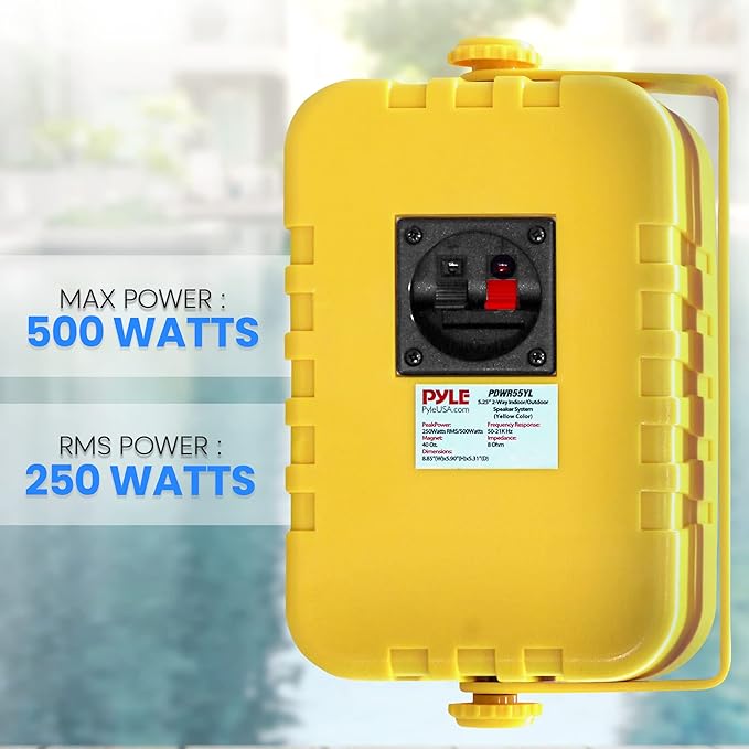 PyleUsa Indoor Outdoor Speakers Pair-500 Watt Dual Waterproof 5.25” 2-Way Full Range Speaker System w/ 1/2”High Compliance Polymer Tweeter in-Home,Boat, Marine,Deck,Patio,Poolside (Yellow) - PDWR55YL