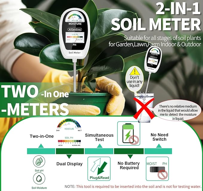 Soil Test Kit, 2-in-1 Soil Moisture Meter, Soil pH Meter -Dual Dial-Simultaneously-Display Results-Soil pH Tester, Moisture Meter for Garden,Lawn,Farm Indoor&Outdoor Plants-PureWhite