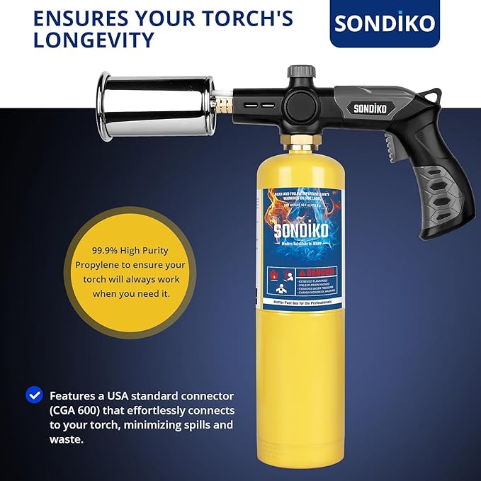 Sondiko Propane Torch with Pre-Filled Cylinder, Powerful Propane Torch Head L8010, Sous Vide, Adjustable Campfire Starter with Standard Propane Fuel Cylinder for Searing Steak, BBQ, Welding