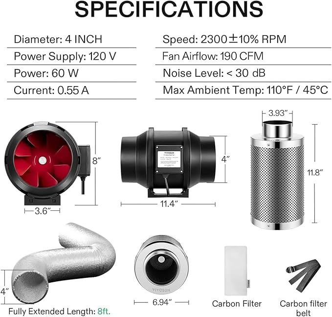 VIVOSUN Ventilation Kit Inline Duct Fan with Variable Speed Controller and Carbon Filter Odor Control System