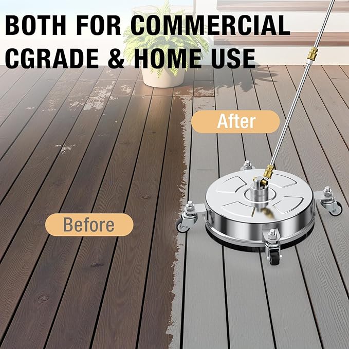 14" Pressure Washer Surface Cleaner with 4 Wheels, Stainless Steel Housing, 4000 PSI Max, 3 Connect Nozzles & 2 Extension Wands, Pressure Washer Surface Cleaner for Concrete, Patios, Sidewalks