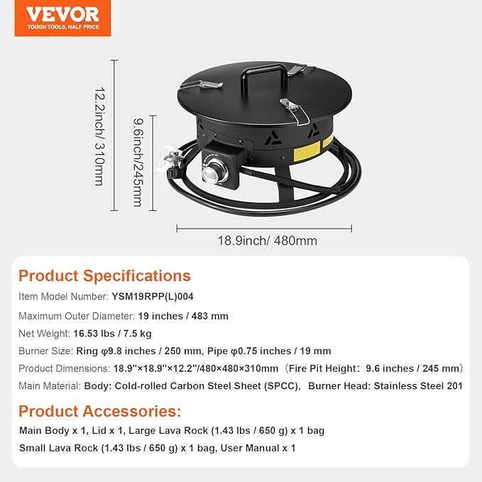 VEVOR Portable Propane Fire Pit, 19-Inch Diameter Outdoor Gas Fire Pit with Cover & Lava Rocks, Adjustable Flame Height Camping Firepit for Heating, Lighting, Gathering, 58,000 BTU, Black