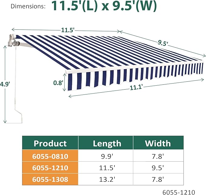 MCombo 11.5x9.5 Feet Manual Retractable Patio Door Window Awning Sunshade Shelter Outdoor Canopy,1210 (Ocean Blue with White Stripes, 11.5'(L) x 9.5'(W))