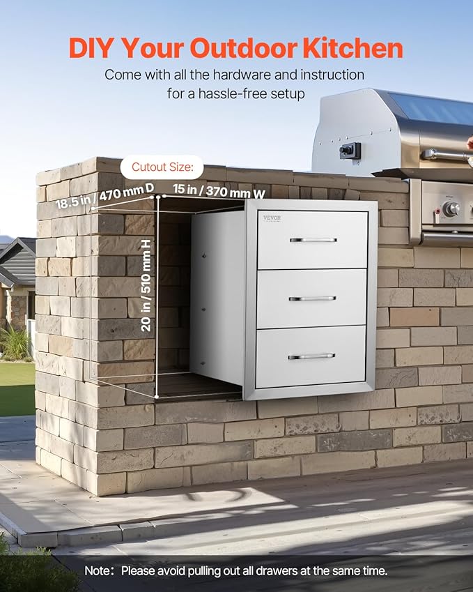 Mophorn Outdoor Kitchen Drawers 16" W x 21.5" H x 18" D, Flush Mount Triple Access BBQ Drawers with Stainless Steel Handle, BBQ Island Drawers for Outdoor Kitchens or BBQ Island Patio Grill Station