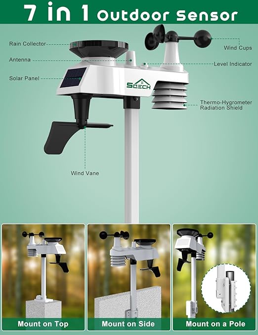 SQECH Weather Station,Weather Stations Wireless Indoor Outdoor with 7-in-1 Outdoor Sensor,Home Weather Station with Weather Forecast,Temp&Humidity,Rain Gauge,Wind,Moon Phase,Calendar,Alarm Clock
