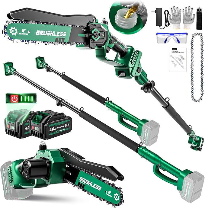 2-in-1 Electric Pole Saws for Tree Trimming,8" Mini Chainsaw Cordless with Extension Pole, 1200W Brushless Motor,Auto Oiling,16.18 FT Max Reach Extension Pole for Outdoors Pruning with 2×Batteries
