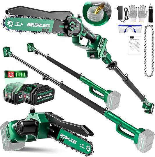 2-in-1 Electric Pole Saws for Tree Trimming,8" Mini Chainsaw Cordless with Extension Pole, 1200W Brushless Motor,Auto Oiling,16.18 FT Max Reach Extension Pole for Outdoors Pruning with 2×Batteries