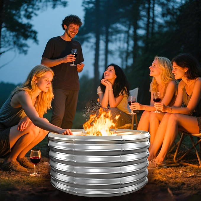 Metal Fire Pit Ring/Bonfire Fire Ring- 32 Inches Diameter, 0.8 MM Thick,1.5 ft High, Durable and Stylish for Outdoor Fire Pits,Patios and Camping (Silver, 2.7X2.7X1.5 ft)