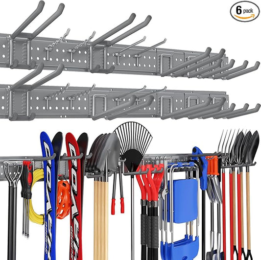 Garage Tool Organizer Wall Mount 96 inches with 18 Adjustable Heavy-Duty Hooks, Garage Organization, Garden Tool Storage Rack, Yard, and Shed, Holds Up to 750 lbs (Grey)