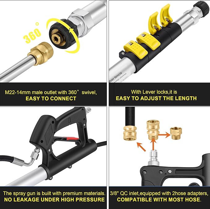 21FT Telescoping Pressure Washer Wand, Pressure Washer Extension Wands, Power Washer Gutter Cleaner with 5 Spray Nozzle Tips, 2 Hose Adapters