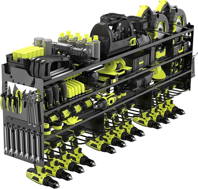 Power Tool Organizer Wall Mount with 12-Drill Holders-800Lbs Load Heavy Duty Metal 4-Layers Garage Storage and Organization Adjustable Battery Tools Rack with Side Panels Utility Racks Gifts for Men