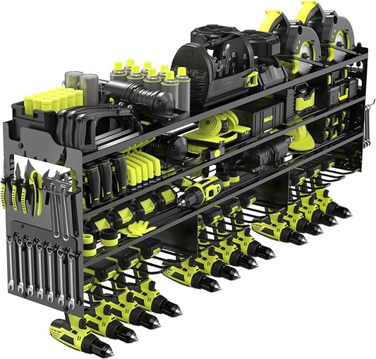 Power Tool Organizer Wall Mount with 12-Drill Holders-800Lbs Load Heavy Duty Metal 4-Layers Garage Storage and Organization Adjustable Battery Tools Rack with Side Panels Utility Racks Gifts for Men
