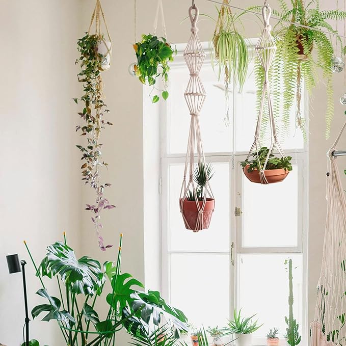 2Pcs Macrame Plant Hangers Indoor Macrame Hanging Planters Large for up to 10 inch Pot No Tassels Long Crochet Boho Plant Hanger Holder for Indoor Outdoor Plants Different Size 35”/39" (White)