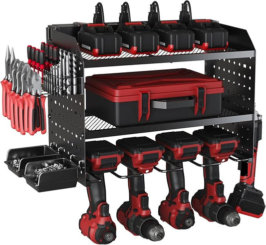 Power Tool Charging Station, Garage 4 Drill Power Tool Wall Organizer, Metal Hand Tool Storage Rack, Utility Racks, Cordless Drill and Battery Holder for Garage Organization, Gifts for Men Dad Husband