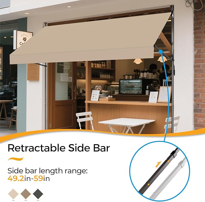 HOMEDEMO Manual Retractable Awning 59" W x 118" H,Side Bar 47-59in Patio Awning Retractable Outdoor Sunshade Shelter Height Adjustable Sunsetter Retractable Awning UV Protection for Backyard Garden
