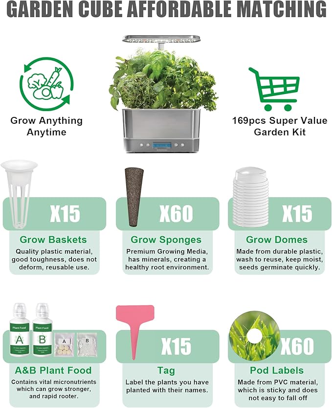 167 Pcs Hydroponic Seed Pods Kit Supplies for Aerogarden Pods,60 Grow Sponges,15 Grow Baskets,15 Grow Domes,60 Pod Labels,15 Labels,2 A&B Plant Food - Hydroponic Supplies Compatible with Most Brands