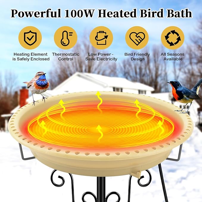 Lovppy Heated Bird Baths for Outdoors for Winter, 100W Heated Birdbath Water Heater with Thermostatically Controlled, Heated Bird Baths Bowl with Metal Stake for Outside Garden Patio Yard (Khaki)