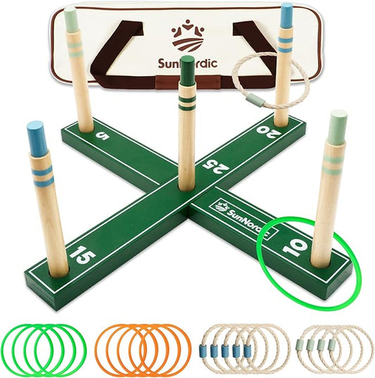 Wooden Ring Toss Game Set, Backyard Beach Camping Game with Toss Rings & Portable Carrying Bag, Outdoor Lawn & Yard Games for Kids, Adults & Family