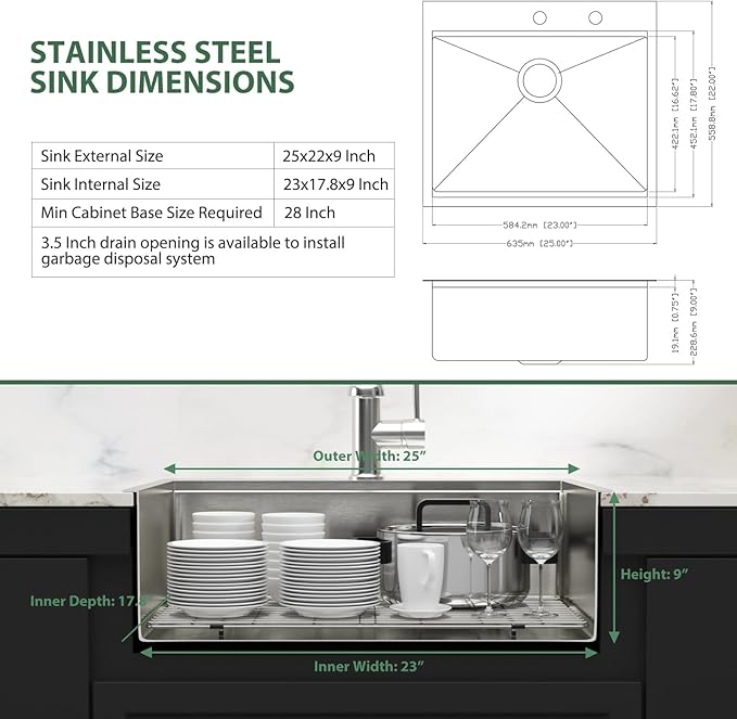25x22 Drop In Kitchen Sink 16 Gauge Stainless Steel Workstation Kitchen Sinks Handmade Topmount Single Bowl Sink with Accessories, 25x22x9