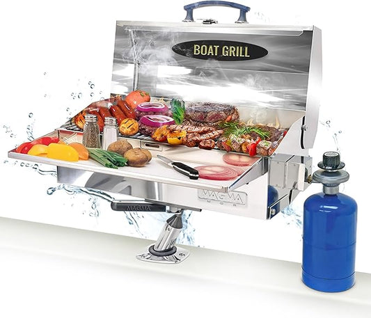 Magma Cabo Grill - Marine-Grade Stainless Steel Barbecue Grill for Boats - Portable Propane Gas with 9”x18” Grilling Surface - Heat-Resistant Handle, Fold-Away Legs - Ideal Boat Accessory