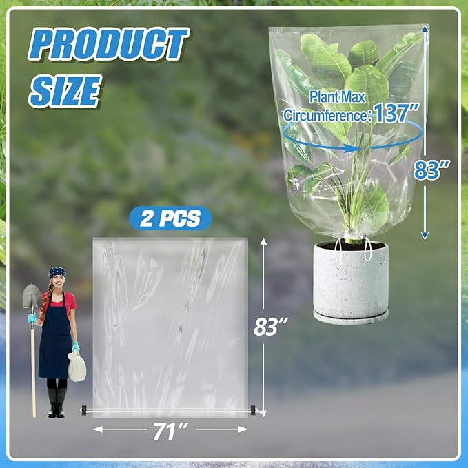 2 Pcs Large Winter Plant Cover Freeze Protection - 47" x 71" Plastic Plant Frost Bags with Drawstring, Transparent Waterproof Plant Shelter Coverings for Outdoors Garden Plants Shrubs Fruit Trees