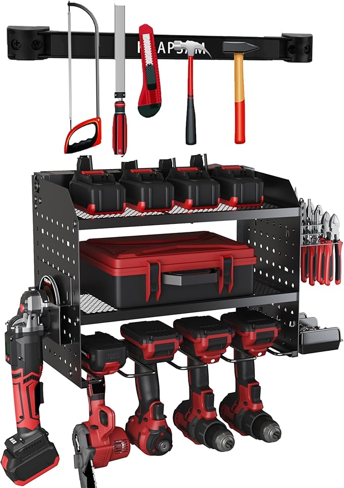 Power Tool Charging Station,Garage 4 Drill Power Tool Wall Organizer,Metal Tool Storage Rack,Cordless Drill for Garage Organization,Gifts for Men Dad Husband (Tool Holder + Magnetic Strip)