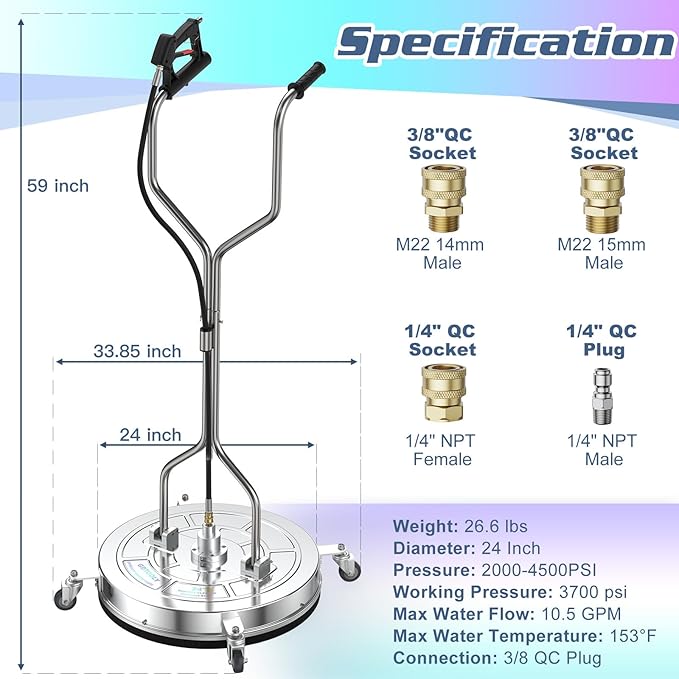 24" Pressure Washer Surface Cleaner with 4 Wheels - Dual Handle Stainless Steel Surface Cleaner with 4 Wheel, Pressure Washer Attachment for Concrete, Patio, Sidewalk, Deck, Driveways