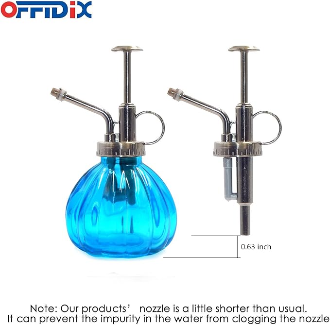 OFFIDIX Glass Watering Spray Bottle, 6.3" Tall Vintage Style with Bronze Plastic Top Pump One Hand Watering Can Spray Bottle (Light Blue)