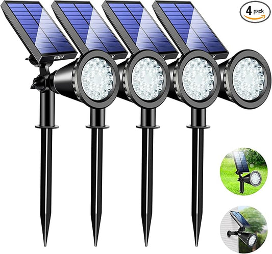 KEV 800 Lumens Solar Spot Lights Outdoor,18 LEDs Solar Flood Lights with 2 Modes &Adjustable &IPX65 Waterproof,Solar Spotlight for Driveway/Backyard/Patio Landscape/Tree/Garage(Cool White, 4 Pack)