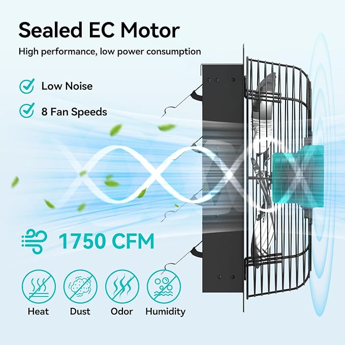 addlon 14 Inch Shutter Exhaust Fan Wall Mounted with EC Motors and Remote Control, Timer, 8 Speeds, 1750CFM, Low Noise, Easy to Install, Plug in Ventilation Fan for Garages, Shops, Greenhouse, Attic