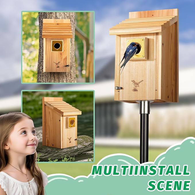 2pk XXXLL Bluebird Houses for Outside,Heavy Duty Western Red Cedar Bird House Birdhouses for Outdoor,Wall Tree Pole Mountable,1.5” Metal Predator Guard Hole 13/16" Thickness,Base Mesh Assembling Need