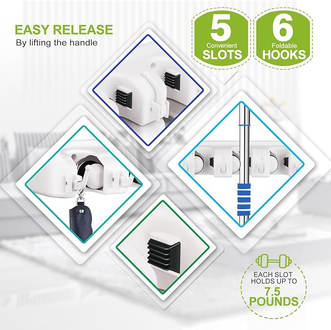 LETMY Broom Holder Wall Mount - Mop and Broom Hanger Holder - Garage Storage Rack & Garden Tool Organizer - 5 Position 6 Hooks Broom Rack for Home, kitchen, Garden, Tools, Garage Organization - White