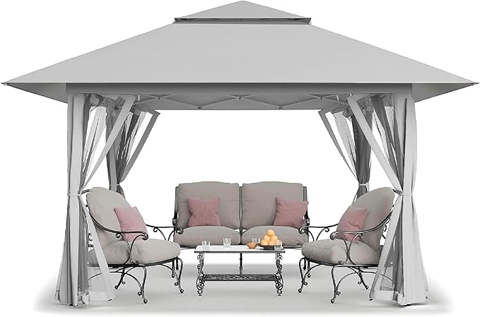 CROWN SHADES 11X11 Outdoor Pop Up Gazebo Base 10X10 Patio Gazebos Patented Center Lock Quick Setup Newly Designed Storage Bag Instant Canopy Tent with Mosquito Nettings (11x11, Gray)