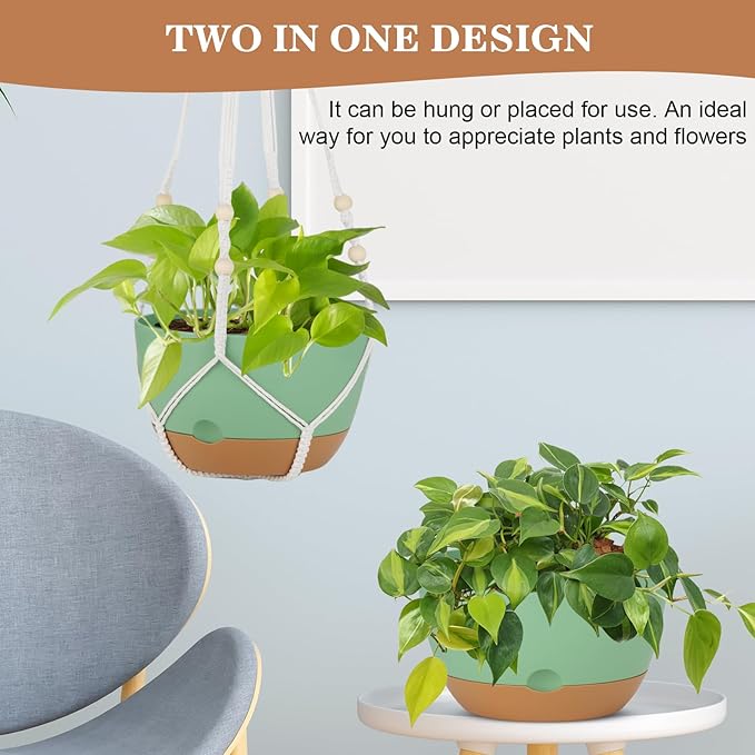 3 Pack Hanging Planters for Indoor Plants, 10 + 10 + 8 Inch Self-Watering Hanging Plant Pot, Macrame Plant Hanger with Pot, Ceiling Hooks, Removable Saucer and Drainage Holes for Garden Home - Green