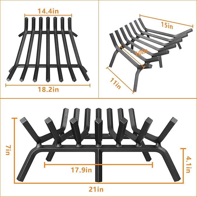 Mr IRONSTONE Fireplace Grate 21 inch Solid Steel Heavy Duty Fireplace Log Grates 3/4" Bar Grates Outdoor/Indoor Wrought Iron Burning Rack Holder