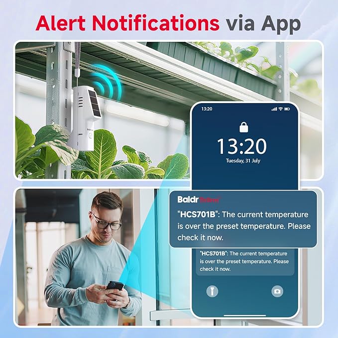BaldrTherm Solar WiFi Hygrometer Thermometer Sensor, Smart Wireless Temperature Humidity with App Notification Alert, Date Storage, Remote Monitor for Room Greenhouse, 6pack