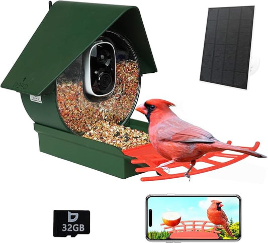 Smart Bird Feeder with Camera Solar Powered, AI Auto Capture Bird Videos & Motion Detection, Bird Watching Camera Notify in Time, Wireless Camera Ideal Present for Bird Lover (Olive Green)