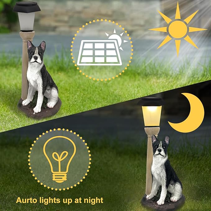 Solar Dog Garden Statues with Lantern, Resin Boston Terrier Sculpture with Warm White Light for Outside Lawn Porch Patio