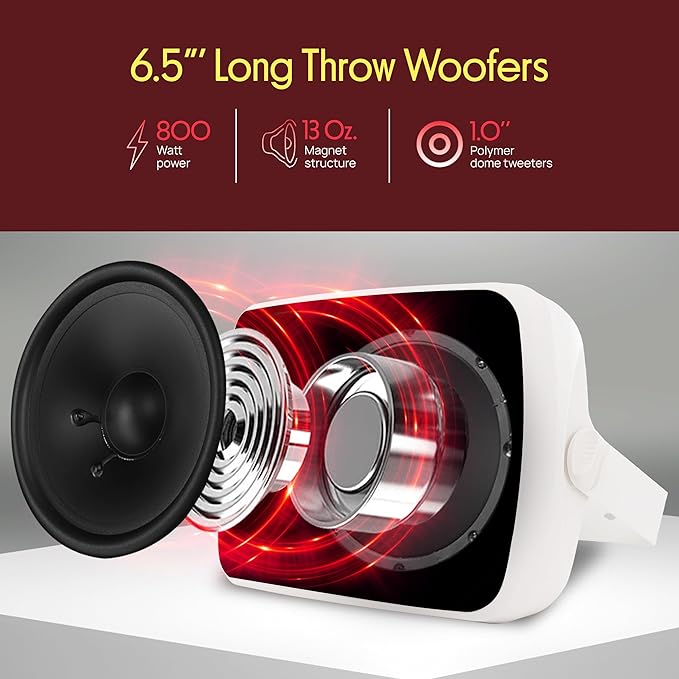 Pyle Outdoor Bluetooth Wireless Speaker System-2-way Active/Passive Pair - 6.5in, 800Watt Peak Power,Weatherproof,Wall/Ceiling Mounted Speakers w/ Metal Grill, Universal Mount, Indoor/Outdoor-White